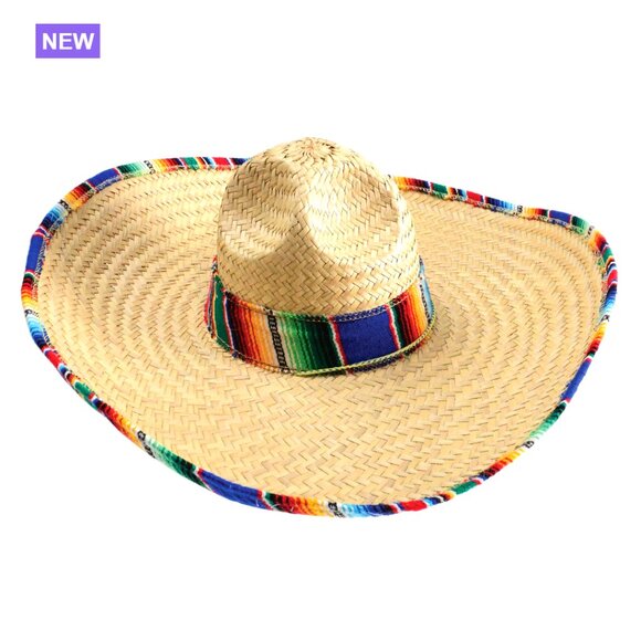 Straw Sombrero Hat with Serape Trim Adult Size 21